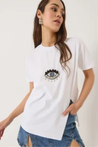 Bianco Lucci Women's Sequin Sequin Accessory Slit Detailed Short Sleeve T-Shirt - Image 3