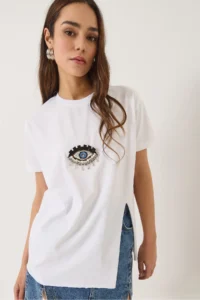 Bianco Lucci Women's Sequin Sequin Accessory Slit Detailed Short Sleeve T-Shirt - Image 5