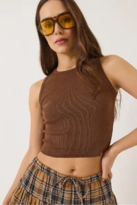 Bianco Lucci Women's Ribbed Halter Neck Camisole Basic Crop Top Undershirt - Image 6