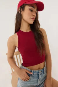 Bianco Lucci Women's Ribbed Halter Neck Camisole Basic Crop Top Undershirt - Image 3