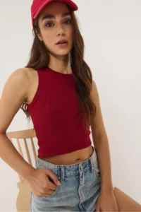 Bianco Lucci Women's Ribbed Halter Neck Camisole Basic Crop Top Undershirt - Image 4