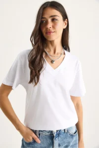 Bianco Lucci Women's 100% Organic Cotton Deep V-Neck Comfort Fit T-Shirt - Image 2