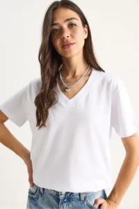 Bianco Lucci Women's 100% Organic Cotton Deep V-Neck Comfort Fit T-Shirt - Image 5