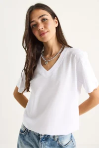 Bianco Lucci Women's 100% Organic Cotton Deep V-Neck Comfort Fit T-Shirt - Image 6