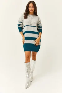 Olalook Women's Gray Six Stripes Soft Textured Knitwear Tunic Dress - Image 2
