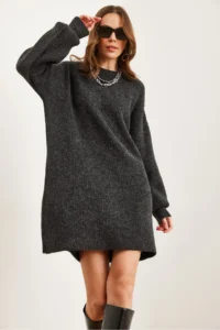 Olalook Women's Anthracite Crew Neck Balloon Sleeve Soft Textured Knitwear Tunic Dress - Image 5