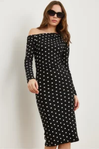 Olalook Women's Polka Dot Black Boat Neck Knitted Mini Dress - Image 3
