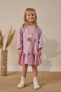Minipodyum Girls' Dress Tulle Detailed Printed