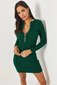 Olalook Emerald Green Zippered Braided Knitwear Dress - Image 2