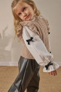 Minipodyum Girl's Bottom Top Set with Leather Trousers Eid Set 3-Piece
