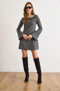 Olalook Women's Smoked Staple Detailed Wide Collar A-Line Cut Winter Thessaloniki Dress - Image 3