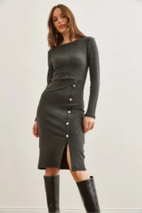 Olalook Women's Smoked Button Detailed Slit Midi Flexible Dress - Image 2