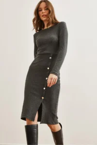 Olalook Women's Smoked Button Detailed Slit Midi Flexible Dress