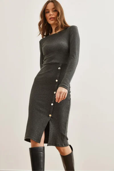 Olalook Women's Smoked Button Detailed Slit Midi Flexible Dress