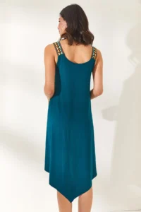 Olalook Women's Petrol Green Ethnic Strappy Asymmetrical Dress - Image 5