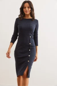 Olalook Women's Navy Blue Button Detailed Slit Midi Flexible Dress - Image 5
