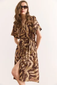 Olalook Women's Camel Brown V-Neck Belted Woven Mini Shirt Dress Elb-