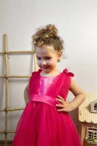 penu baby kids Fuchsia Satin Top, Big Bow on the Back, Small Bow Detail on the Shoulder, Tulle Baby Girl Dress - Image 5