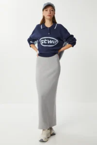 Lovelyİstanbul slit soft Knitting Skirt  Gray MELANJ - Image 3
