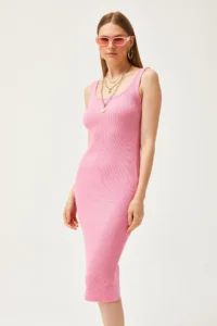 Olalook Women's Pink Thick Strap Lycra Midi Dress - Image 4