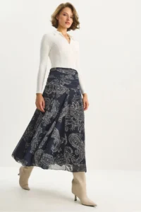 Bianco Lucci Women's Drape Waist Detailed Lined Shawl Pattern Bohemian Long Skirt