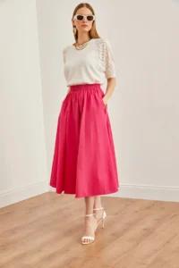 Olalook Women's Fuchsia Pocketed Elastic Waist Midi Woven Bell Skirt - Image 4