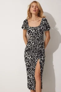 Happiness İstanbul Women's Vivid Black Gathered Saran Summer Knitted Dress - Image 2