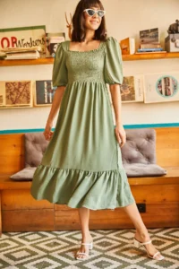 Olalook Women's Green Green Square Collar Bodrum Dress - Image 2