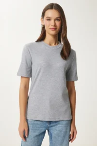 Happiness İstanbul Women's Gray Melange Cotton Basic Knitted T-Shirt - Image 3