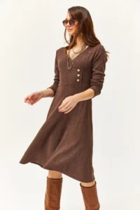 Olalook Women's Bitter Brown Button Detailed Double Breasted Midi A-Line Dress - Image 3