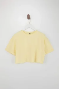 TRENDYOLMİLLA Yellow Boxy Drop Sleeve Short Sleeve 100% Cotton Knitting T-Shirt - Image 5