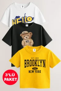 twins tailors Teddy Bear Printed 3 Pack Unisex White-Black-Yellow Children's T-Shirt