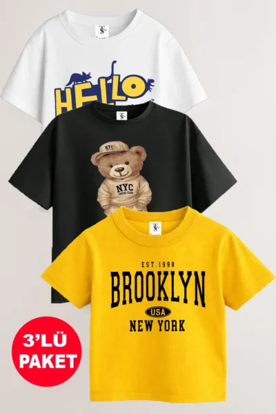 twins tailors Teddy Bear Printed 3 Pack Unisex White-Black-Yellow Children's T-Shirt