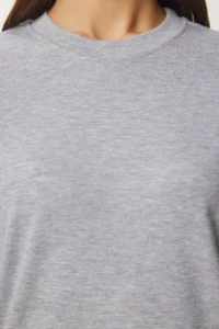 Happiness İstanbul Women's Gray Melange Cotton Basic Knitted T-Shirt - Image 5