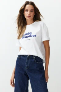 TRENDYOLMİLLA White Printed 100% Thick Cotton relaxed/Casual Cut Knitting T-Shirt