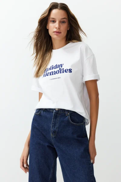 TRENDYOLMİLLA White Printed 100% Thick Cotton relaxed/Casual Cut Knitting T-Shirt
