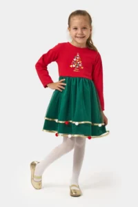Minipodyum Satin Detailed with pompom Girls' New year her dress