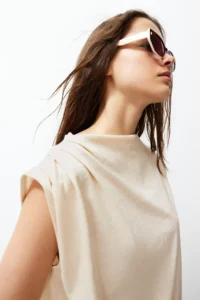 TRENDYOLMİLLA Stone Boat Neck Zero Sleeve Shirred Knitting T-Shirt