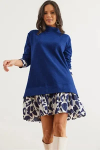 Olalook Women's Navy Blue Ecru Garnish Thessaloniki Dress