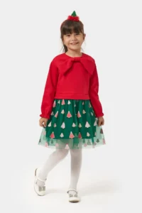 Minipodyum Girl's Christmas Dress with Bow Collar and Crown Gift