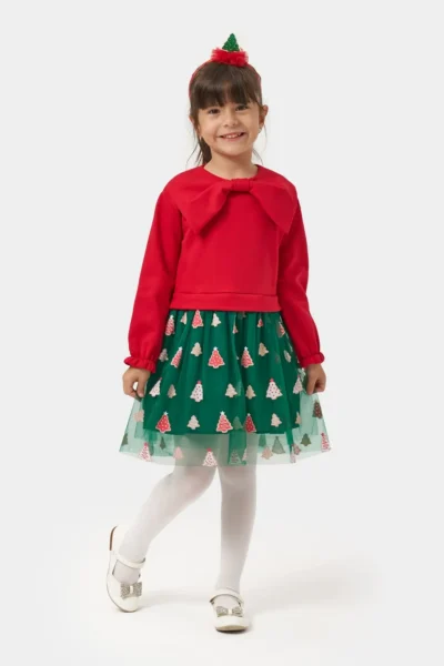 Minipodyum Girl's Christmas Dress with Bow Collar and Crown Gift