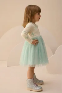 Minipodyum Bow Printed Collar Detailed Tulle Girls' Dress - Image 2