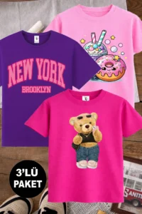 twins tailors Pack of 3 Purple-Fuchsia-Pink Girls' T-Shirts with Donat and Selfie Bear Printed