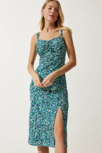 Happiness İstanbul Women's Green Black Double Strap Patterned Knitted Dress - Image 3