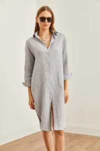 Olalook Women's Gray Muslin Shirt Dress with Oval Side Slits - Image 6