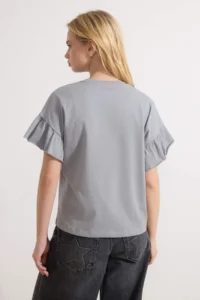 TRENDYOLMİLLA Gray 100% Cotton Ruffle Detailed Basic Crew Neck Knitting T-Shirt - Image 4