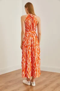Olalook Women's Zebra Orange White Halter Collar Belted Woven Viscon Dress - Image 4