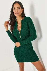 Olalook Emerald Green Zippered Braided Knitwear Dress - Image 3