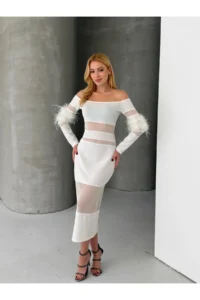 Cool & Sexy Feather Detailed Full Lycra Midi Size Dress White