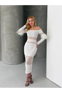 Cool & Sexy Feather Detailed Full Lycra Midi Size Dress White - Image 2